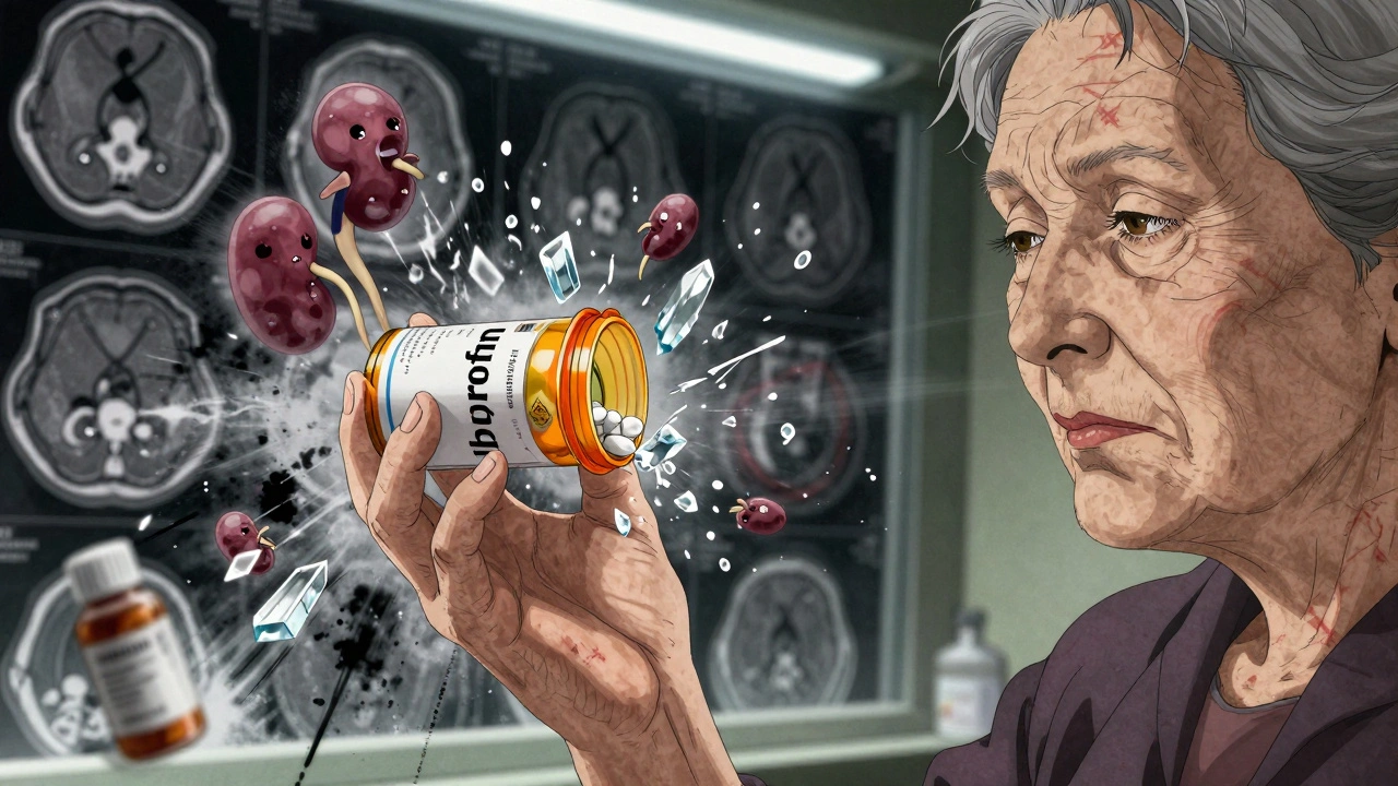 An elderly woman&#039;s hand dropping ibuprofen pills that turn into crying kidney crystals.