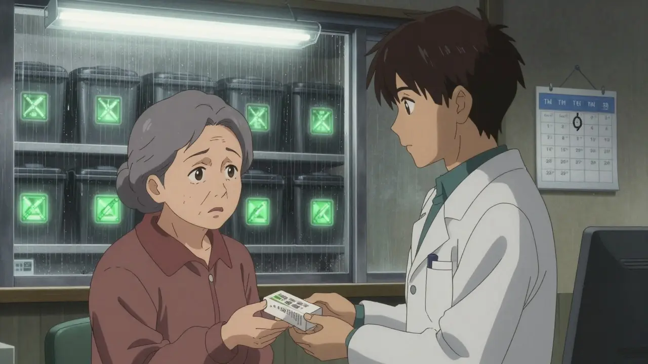 An elderly woman returning expired medication at a pharmacy, with disposal bins and a calendar marked for monthly checks.