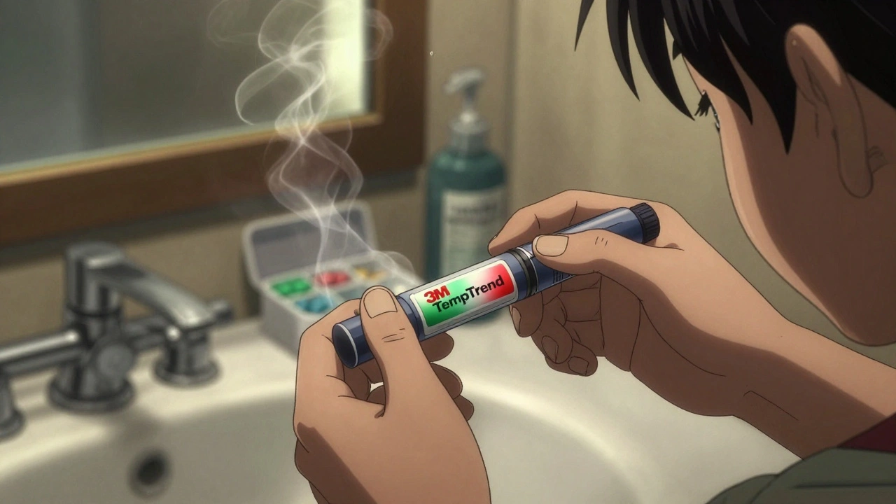 Child placing a color-changing temperature label on an insulin pen near a steamy bathroom.