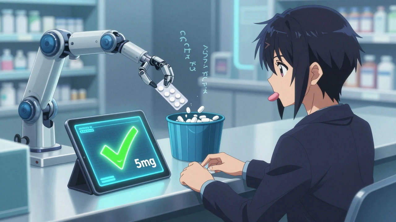 Digital pharmacy display showing safe medication alternatives, crumbling pills in trash bin.