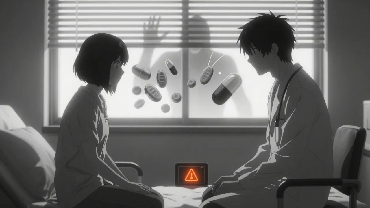Doctor and patient in hospital room, with hidden platelet clot failure and warning symbols in the background.