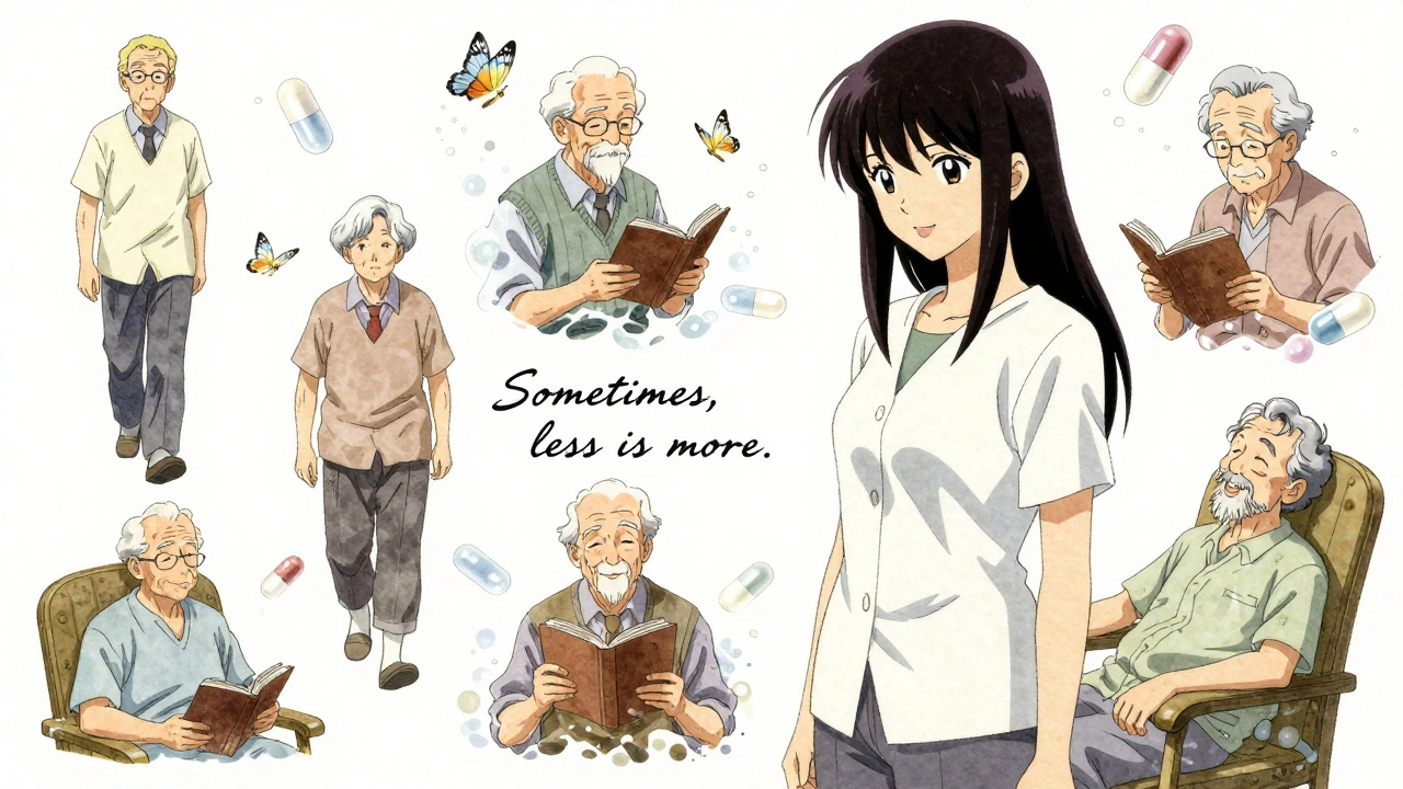 Elderly people thriving as pills transform into butterflies and light particles.