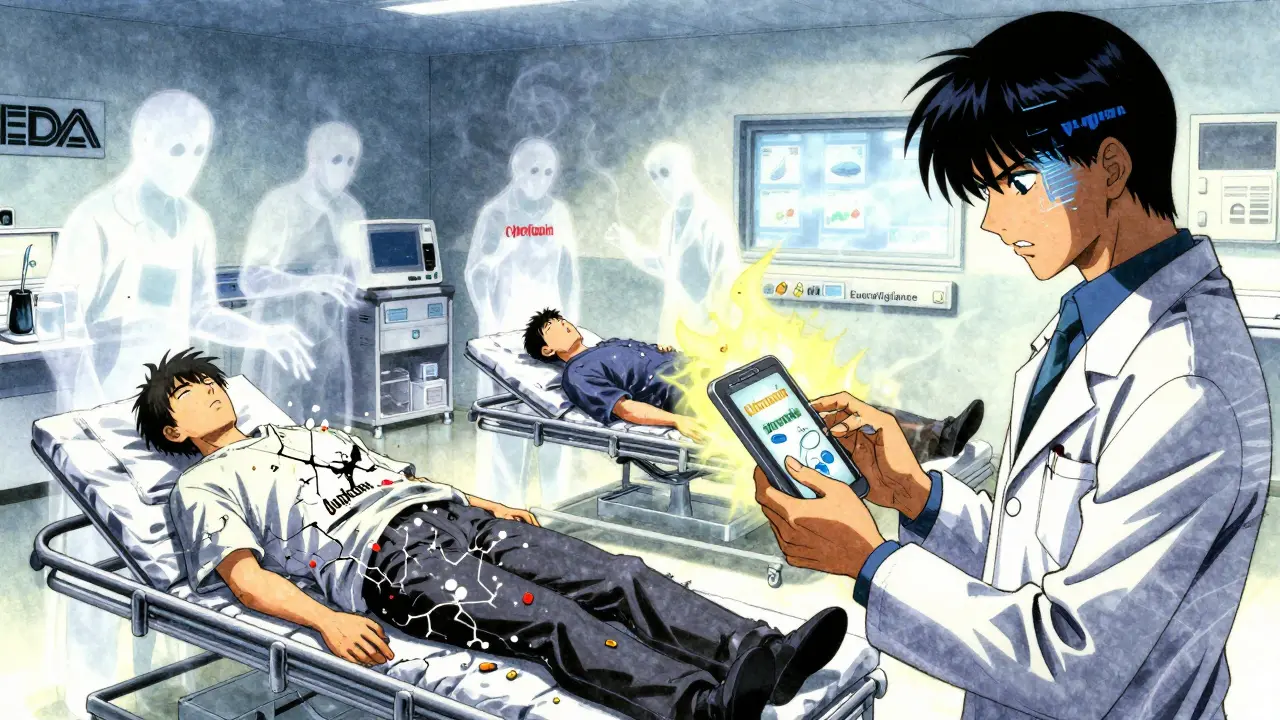 ER patients surrounded by ghostly drug icons sparking with danger, pharmacist frantically checking for interactions.
