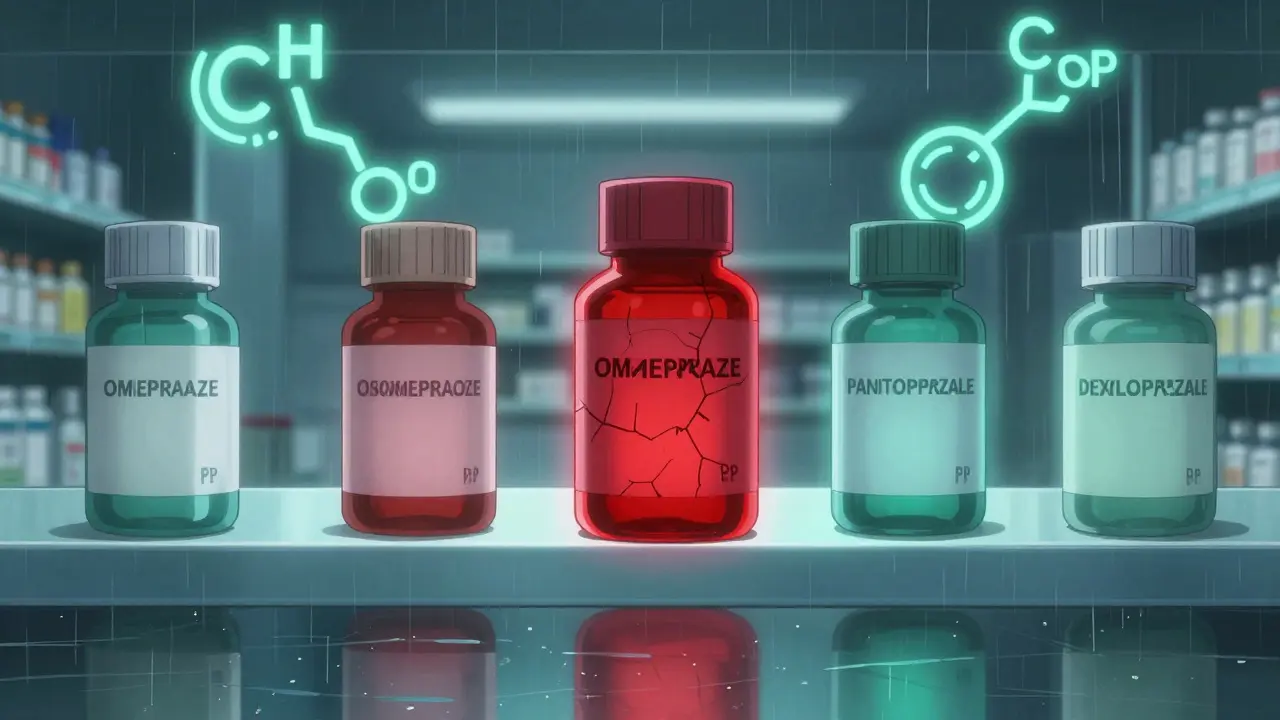 Five PPI bottles on a shelf, with omeprazole glowing red and pantoprazole calm in teal under hospital lights.