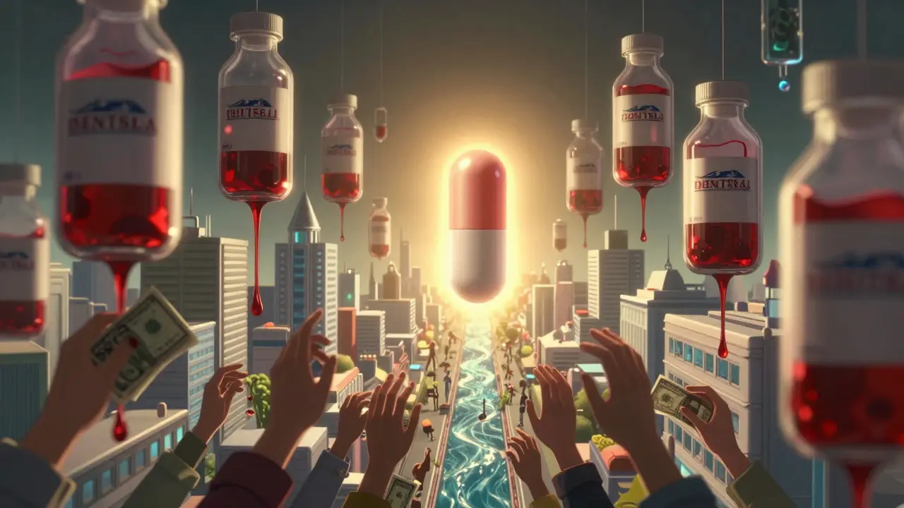 Floating drug bottles drip blood into rivers below, while hands reach up toward a glowing generic pill.