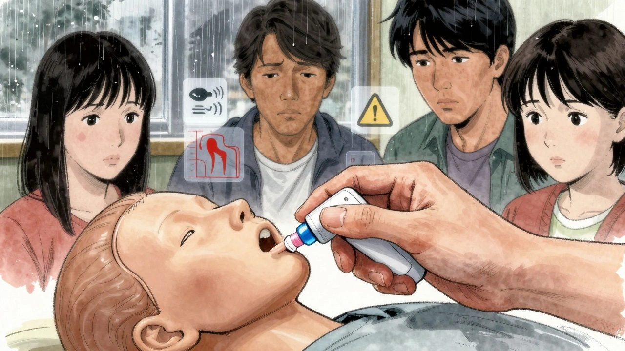 Hand using a training naloxone kit on a mannequin while family watches, with floating symptom visuals in the background.