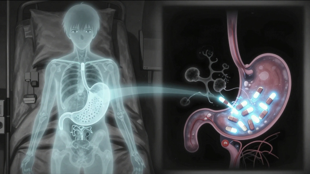Patient&#039;s body X-ray showing Tolsura tablets penetrating stomach wall while fungal spores recoil in shadow.