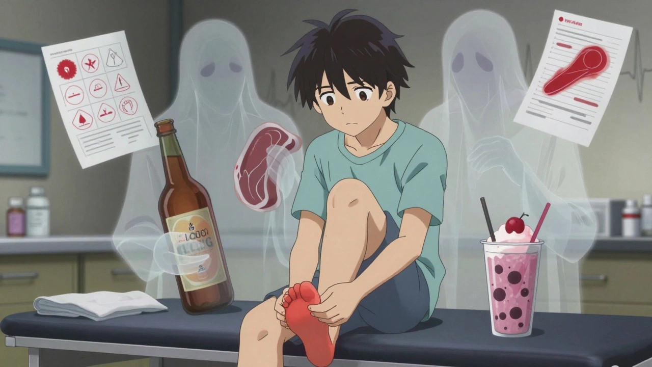 Patient clutching swollen toe surrounded by spectral symbols of diet and alcohol risks.