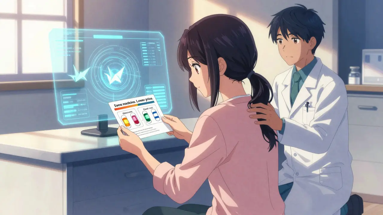 Patient holding medication card as pharmacist comforts them with AI data in background.
