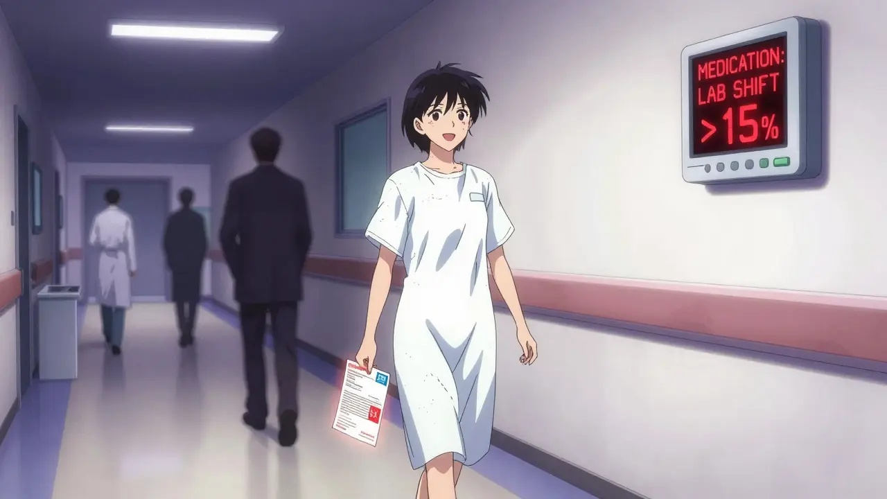 Patient walking through a hospital hallway, ghostly echoes of their past self behind them, holding a red BX warning.