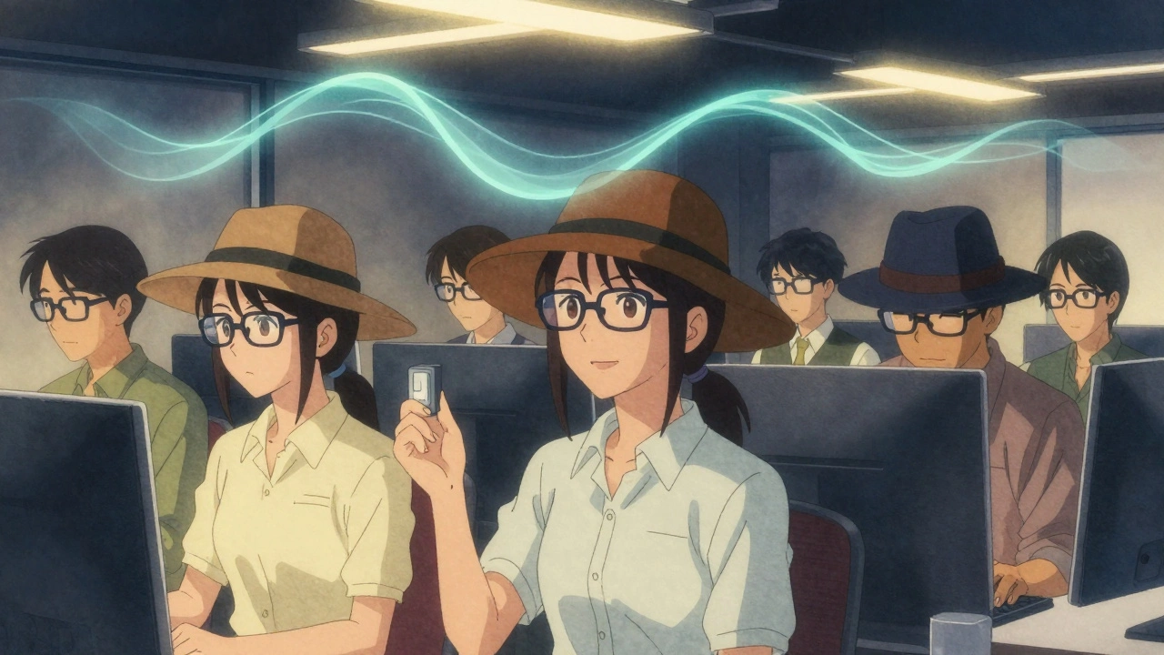 People in an office use warm lighting and FL-41 glasses, ghostly harmful light waves fading away as they work comfortably.