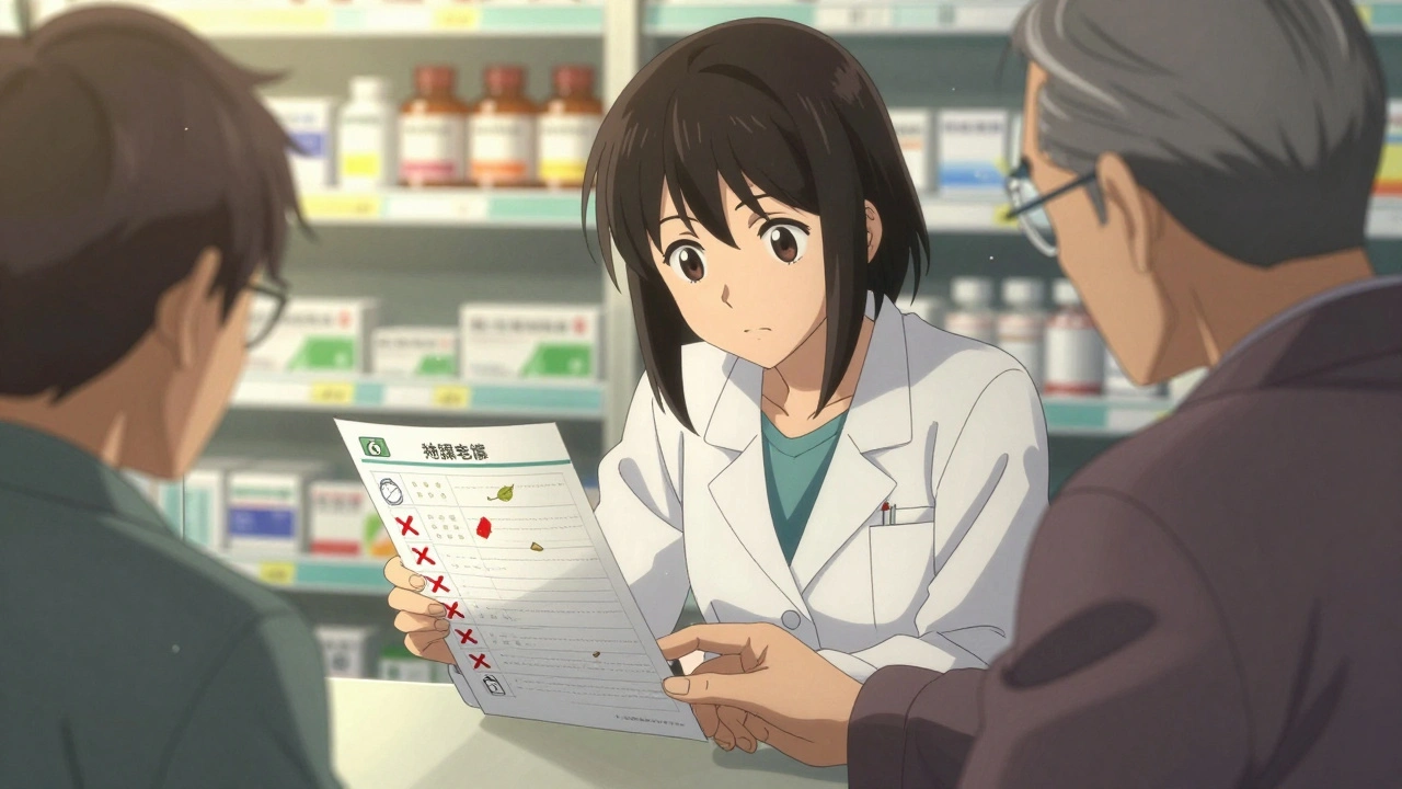 Pharmacist and elderly man reviewing medication list with symbolic pills being crossed out.