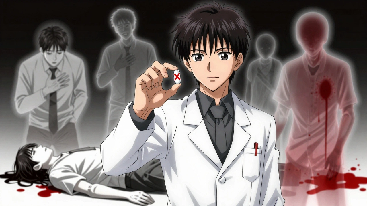 Pharmacist holding a pill with a red X, ghostly figures behind showing overdose symptoms.