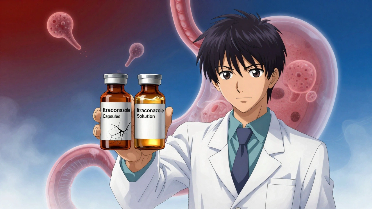 Pharmacist holding two antifungal forms, one dull and one glowing, as stomach environment shifts behind them.