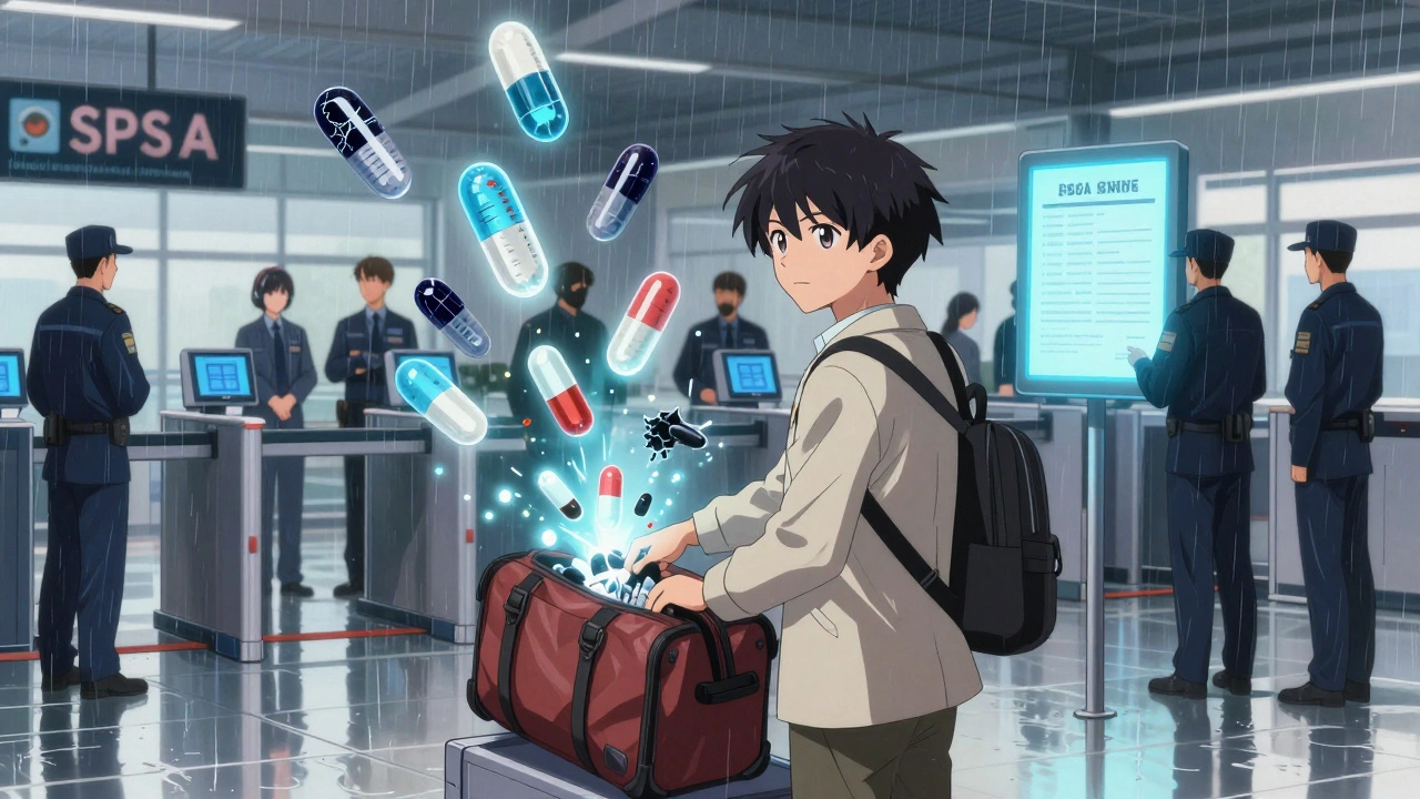 Pills floating from an open bag at airport security, each glowing with internal temperature status.