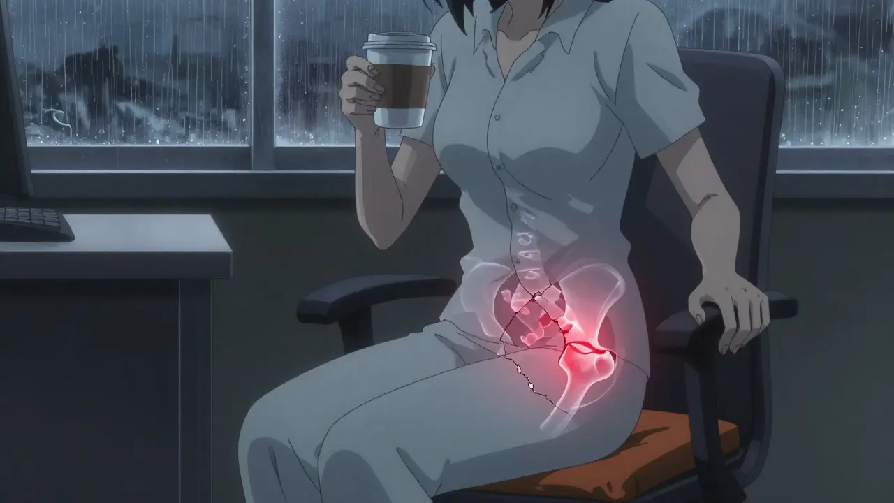 Someone sitting at a desk with a wedge cushion, translucent hip joint injury visible beneath clothing.