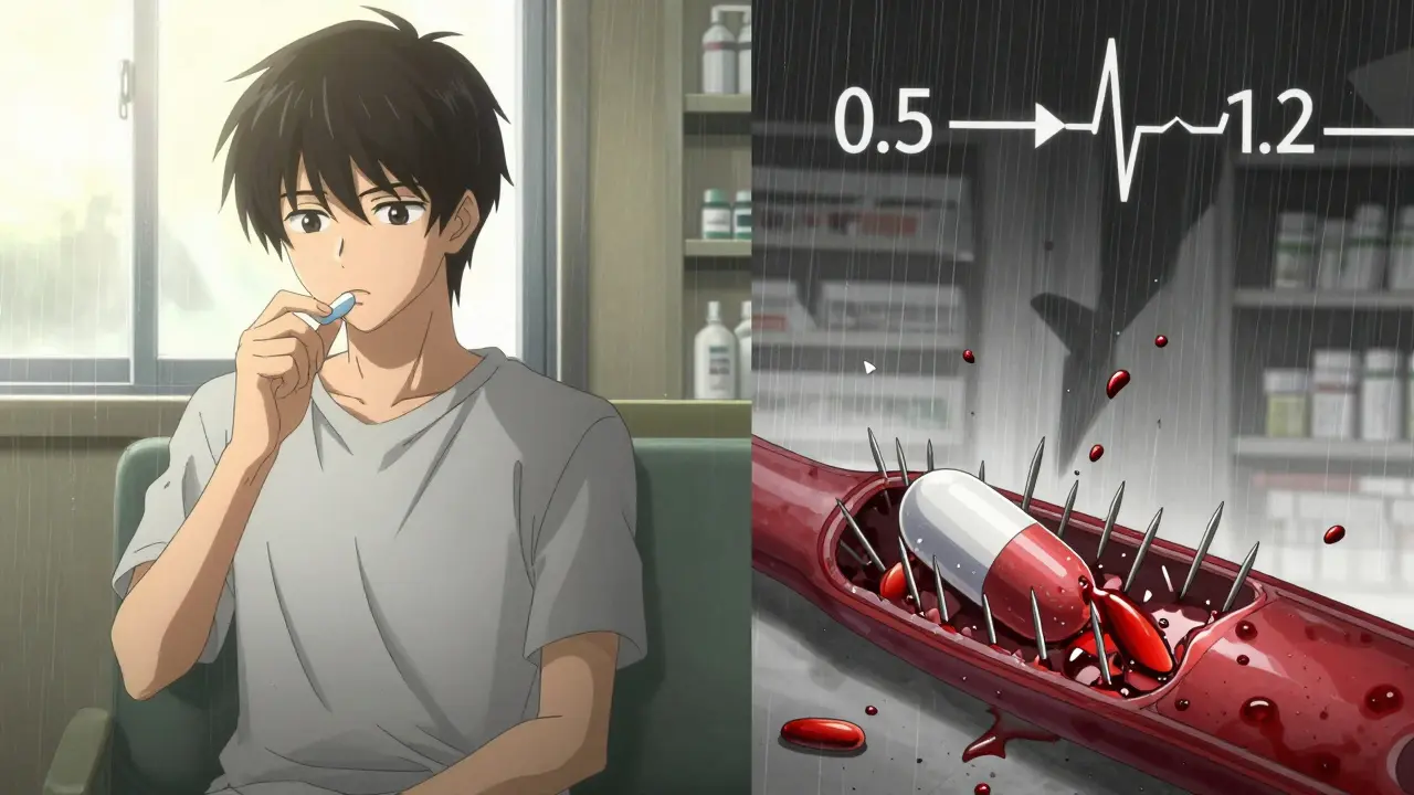 Split scene: a patient taking a pill transforms into toxic shards piercing a blood vessel with floating dangerous dosage numbers.