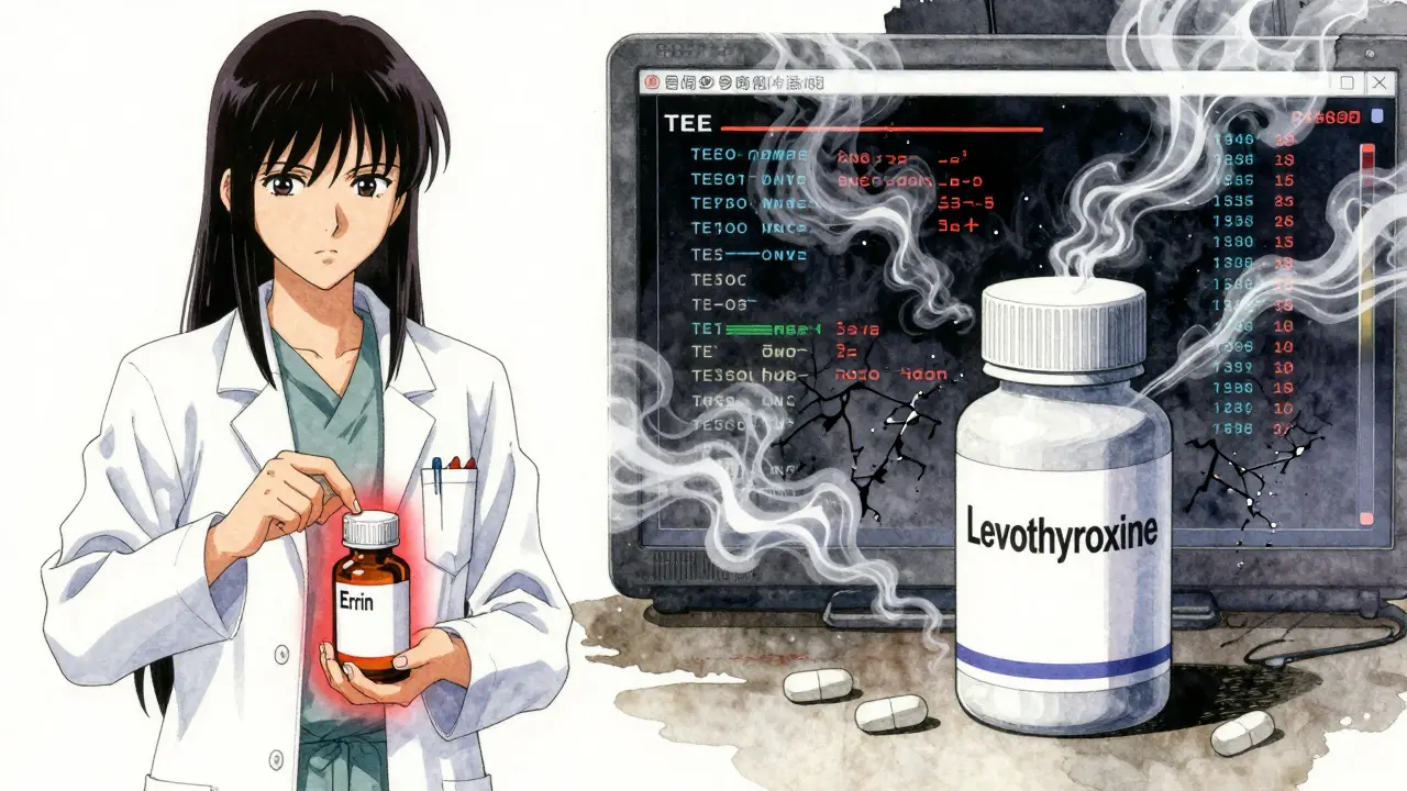 Split scene of branded generic pill with warning glow beside plain generic bottle.