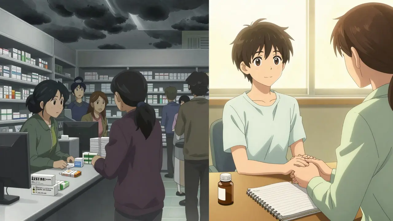 Split scene: parents rejecting medication on one side, a teen smiling with a therapist on the other.
