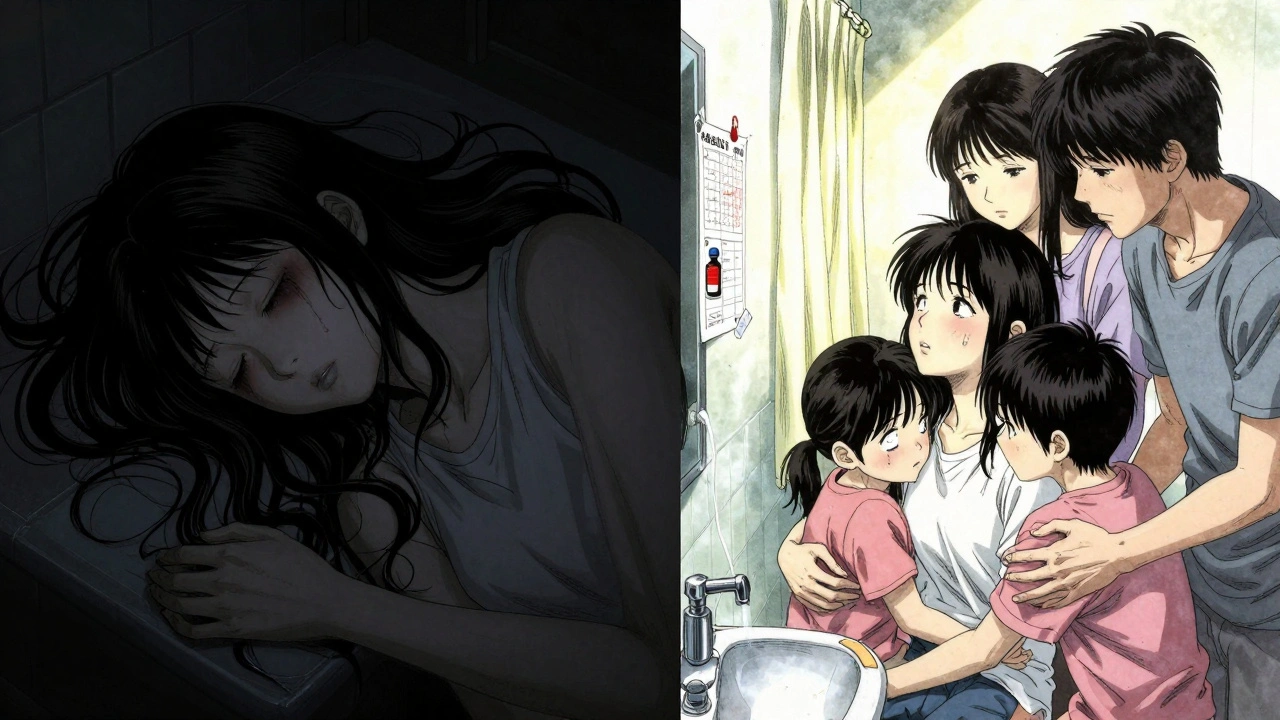 Split scene: person overdosing in shadows vs. same person revived by family, sunlight breaking through as naloxone kit is visible.