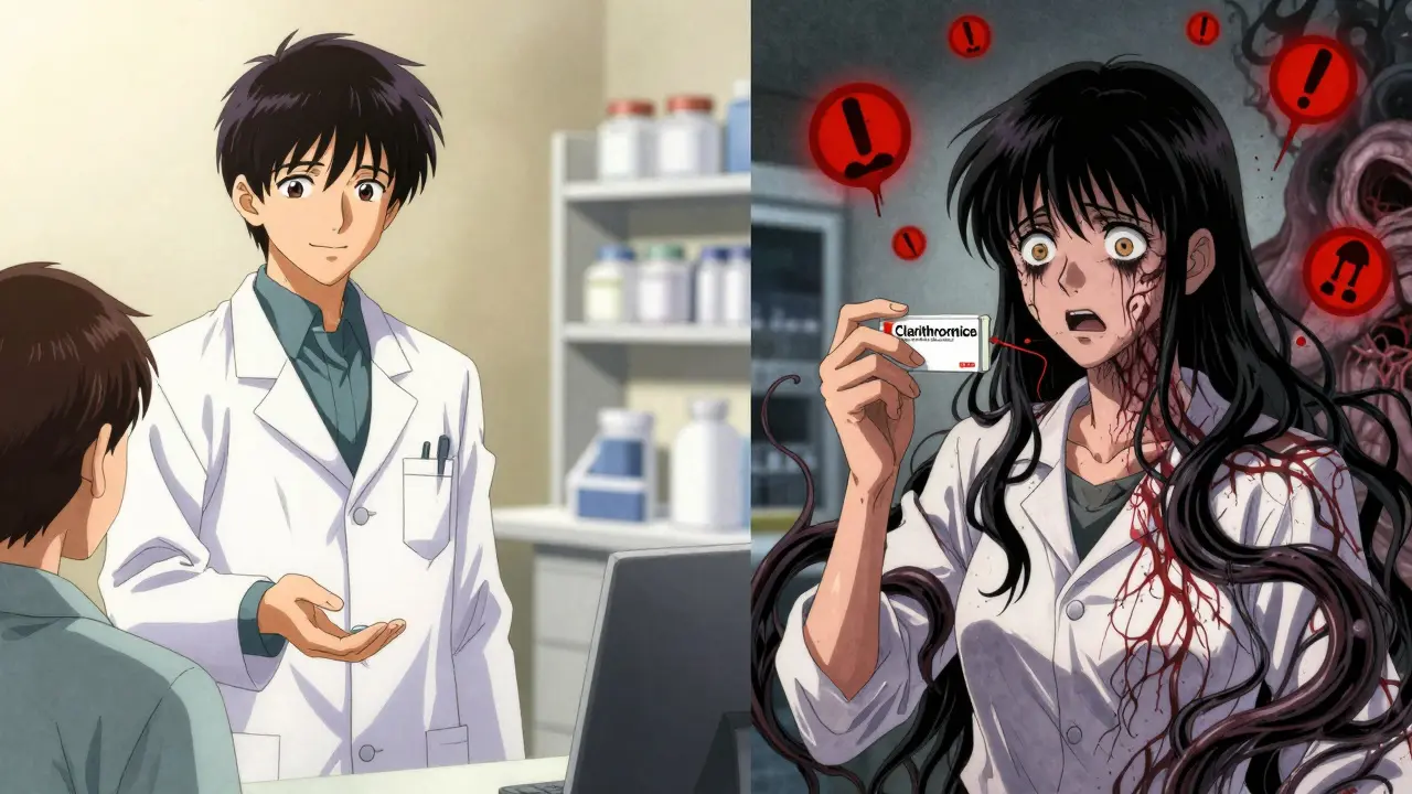 Split scene: pharmacist handing safe antibiotic vs. same patient with dangerous drug sending out dark tendrils.