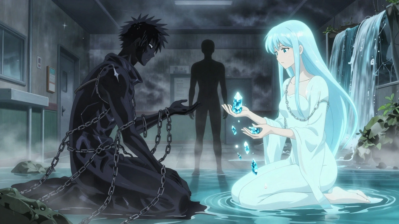 Symbolic battle between two diuretics with patient caught between them.