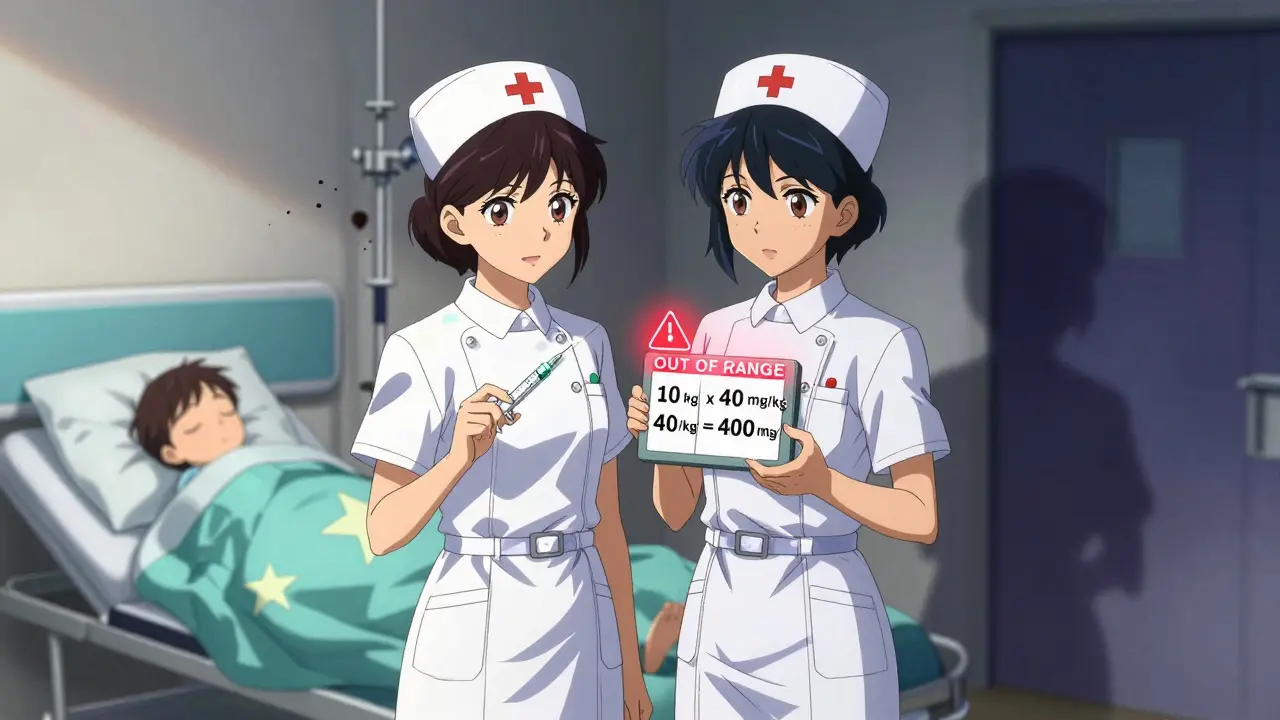 Two nurses verifying a pediatric medication dose, with a warning alert glowing on a tablet beside a sleeping child.