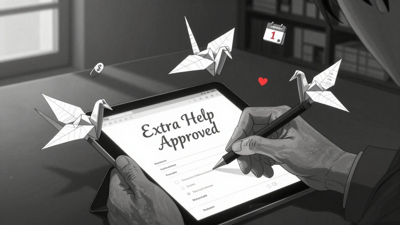 Wrinkled hands submitting an Extra Help application, with paper cranes made from Medicare forms floating nearby.