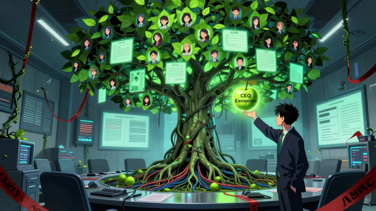 A biomechanical tree of compliance growing in a boardroom, with employee faces as leaves and legal statutes as branches.