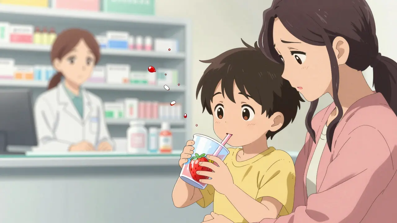 A child drinks a flavored liquid medicine while their mother smiles with relief.