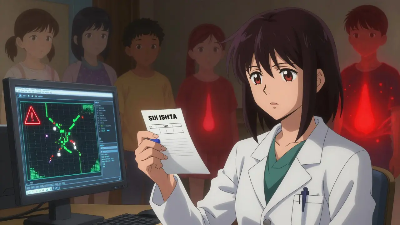 A doctor holding a codeine prescription as ghostly children and genetic markers appear around them in shadowy detail.