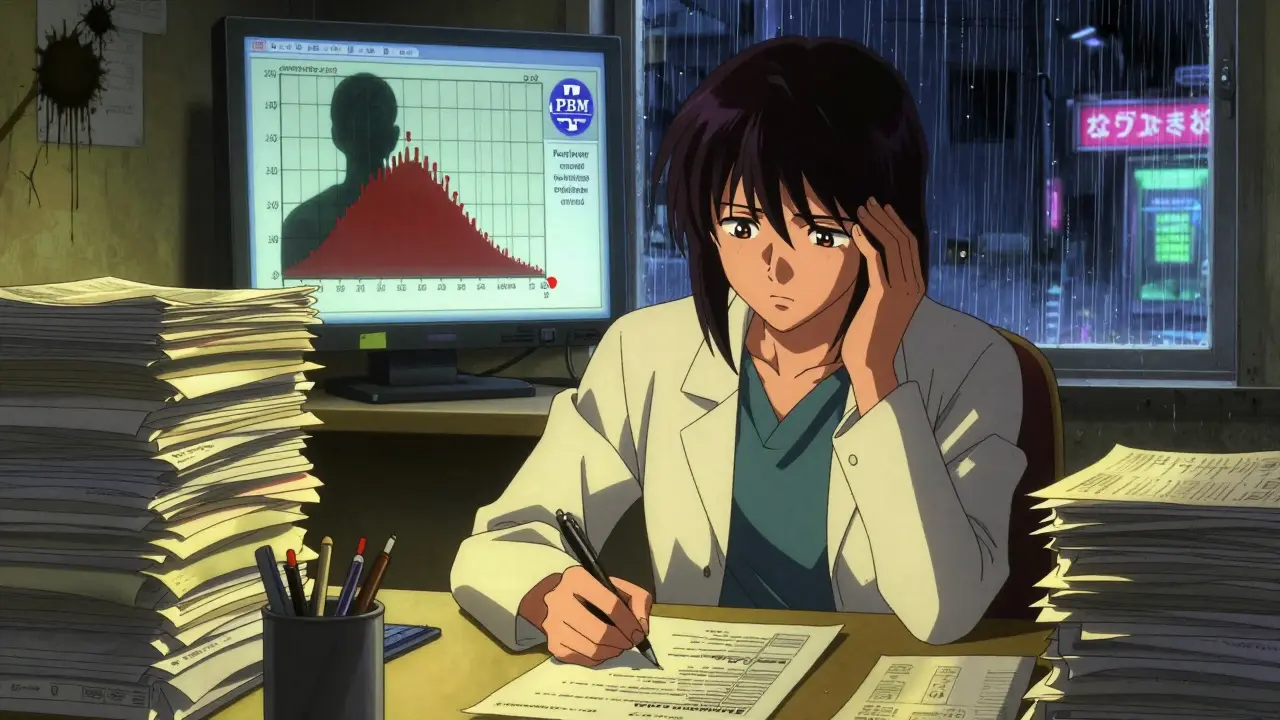 A doctor overwhelmed by faxed authorization forms, blood sugar graph rising behind them.