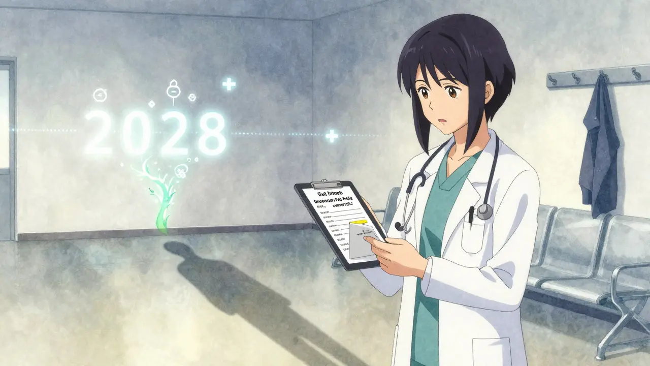 A doctor views a new drug price on a tablet, shadows blending into a 2028 timeline.