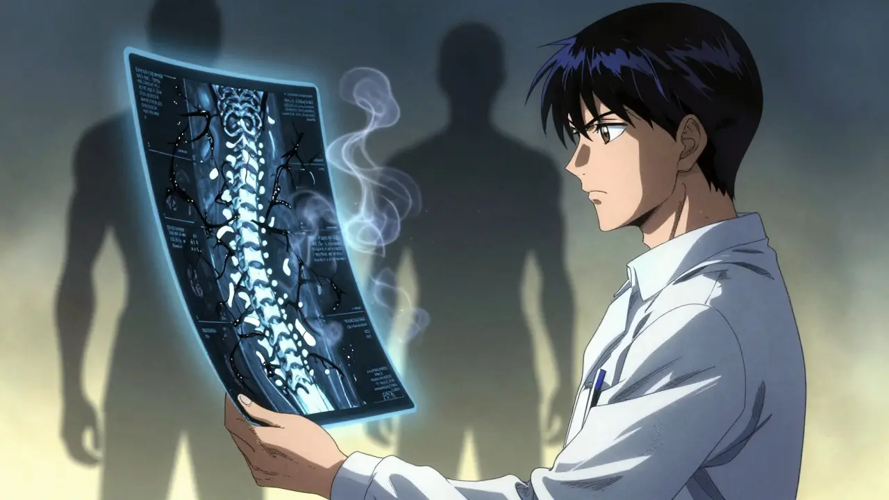 A neurosurgeon holding a floating MRI scan showing a compressed spinal cord surrounded by jagged, vine-like bone spurs.