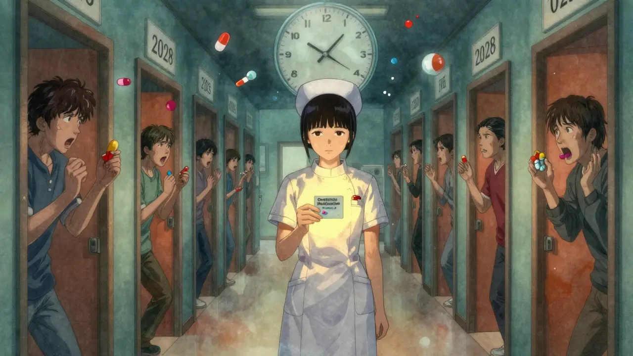 A nurse holds a glowing medication passport in a surreal hallway of fearful patients, symbolizing trust and education.