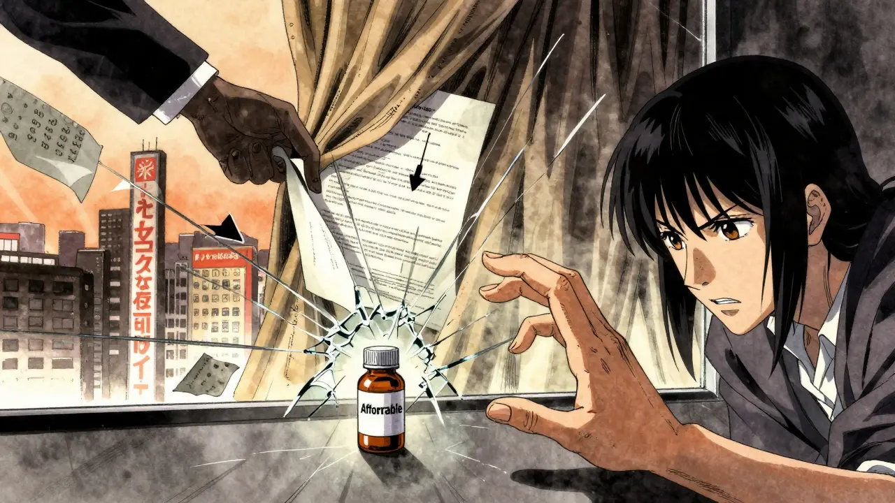 A patient's hand reaching for affordable medicine through a barrier of legal documents.