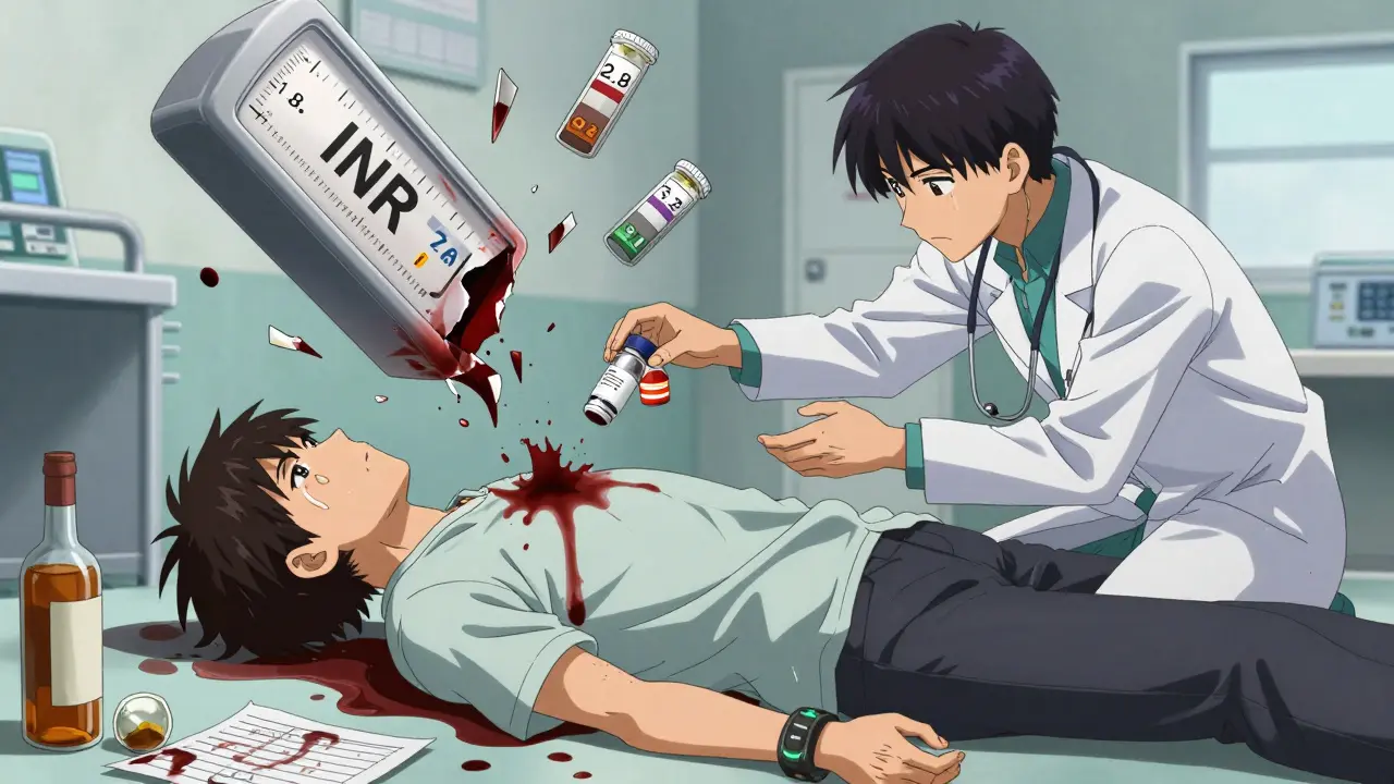 A patient collapsing in an ER as a shattered INR meter floats above, blood staining their shirt.