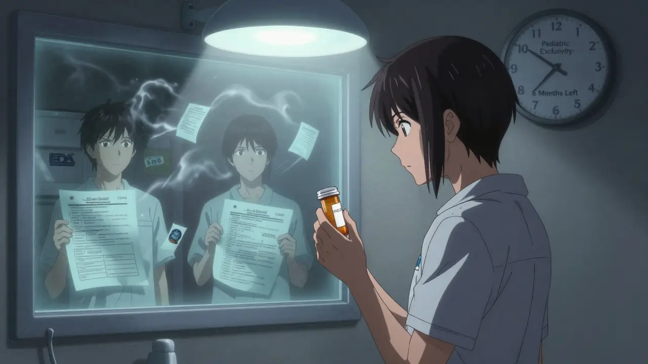 A patient sees two copay prices in a mirror, surrounded by legal documents and a clock counting down pediatric exclusivity.