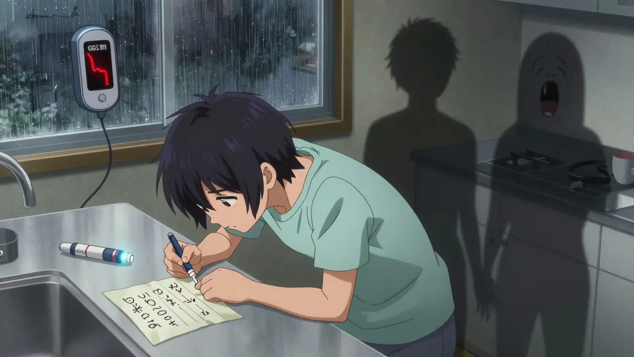 A person calculates insulin dose at a kitchen counter, with a CGM monitor showing dropping blood sugar and a glucagon pen nearby.