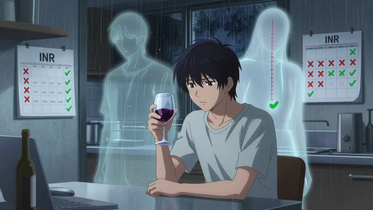 A person drinking wine while ghostly versions of their INR levels loom behind them in a dim kitchen.