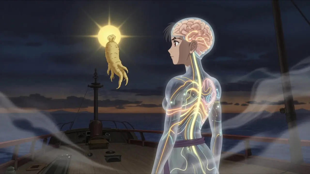 A person on a ship deck with glowing neural pathways, ginger root, and sunbeam floating nearby.