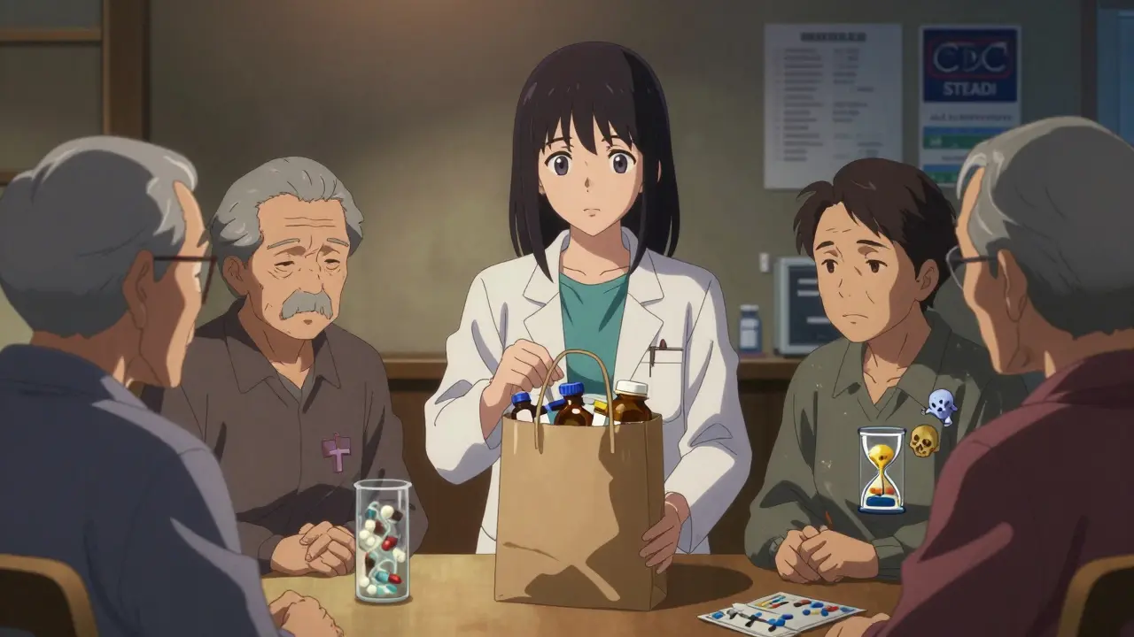 A pharmacist holding a brown bag of medications as elderly patients reveal tangled drug symbols inside their bodies.