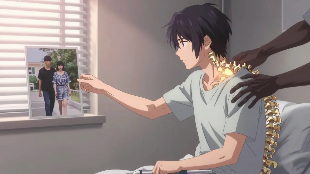 A post-surgery patient reaching for a photo of their past self, translucent surgical implants glowing in their neck, shadowy hands pulling from a mirror.