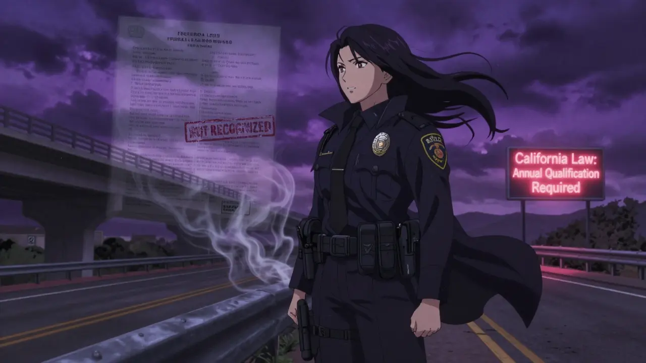 A retired police officer standing under a neon sign that says 'California Law Required', federal documents fading behind him.