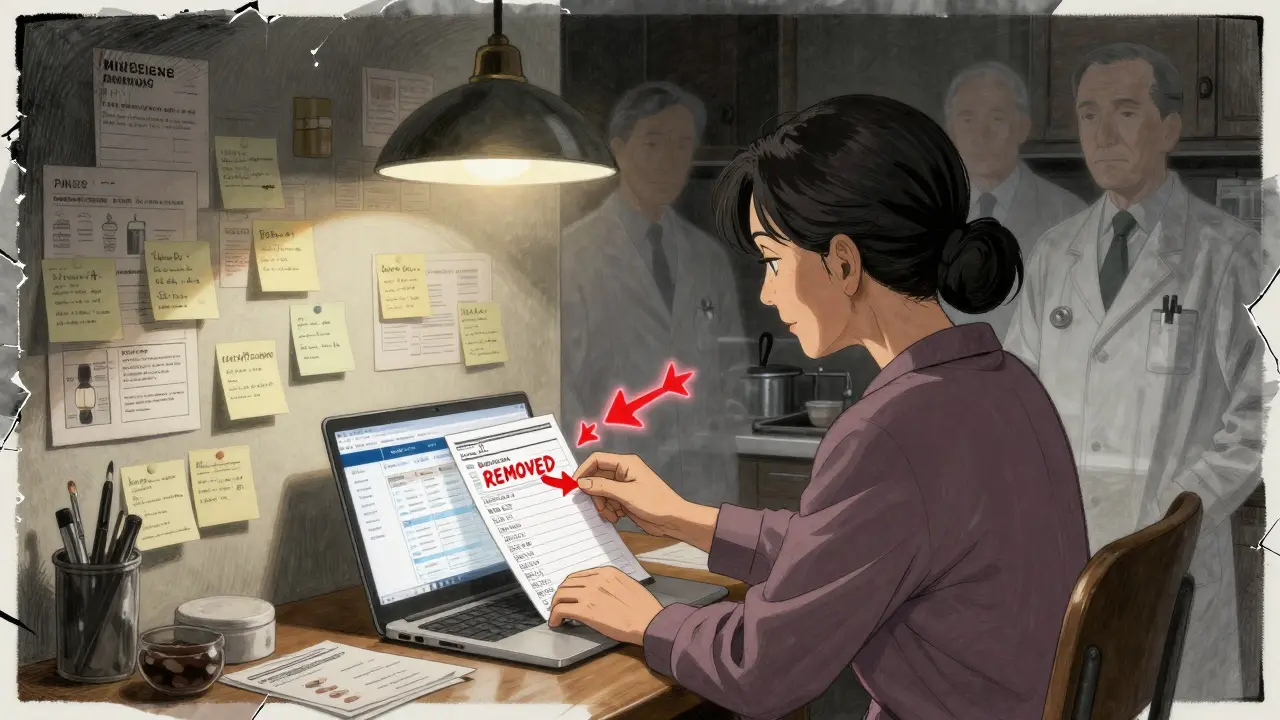 An elderly woman at her kitchen table reviewing formulary changes with sticky notes and glowing red warnings.