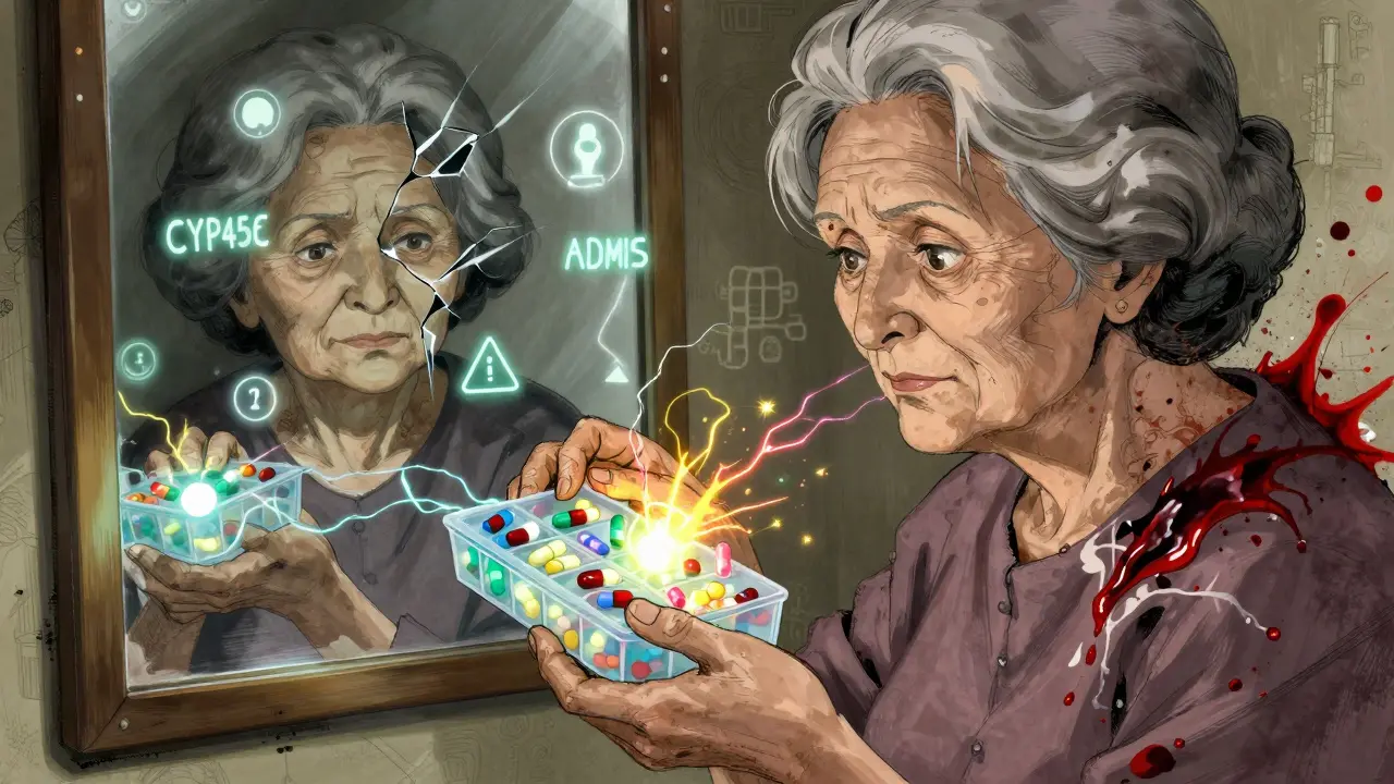 An elderly woman holding pills with glowing interaction tendrils, her reflection showing medical symbols in chaotic anime style.