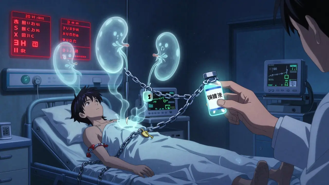 An ICU patient with ghostly ions drifting away as a doctor administers magnesium sulfate.