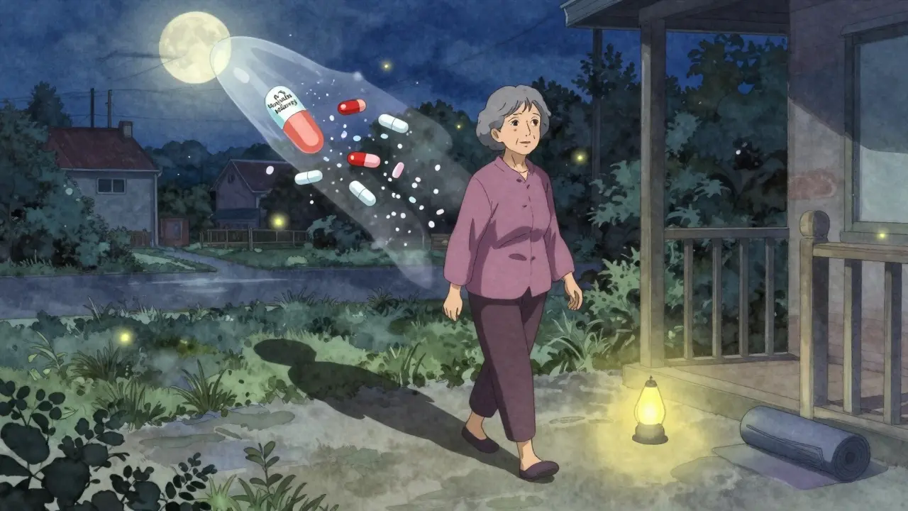 An older woman walking peacefully under moonlight as dangerous pills crumble into ash behind her.