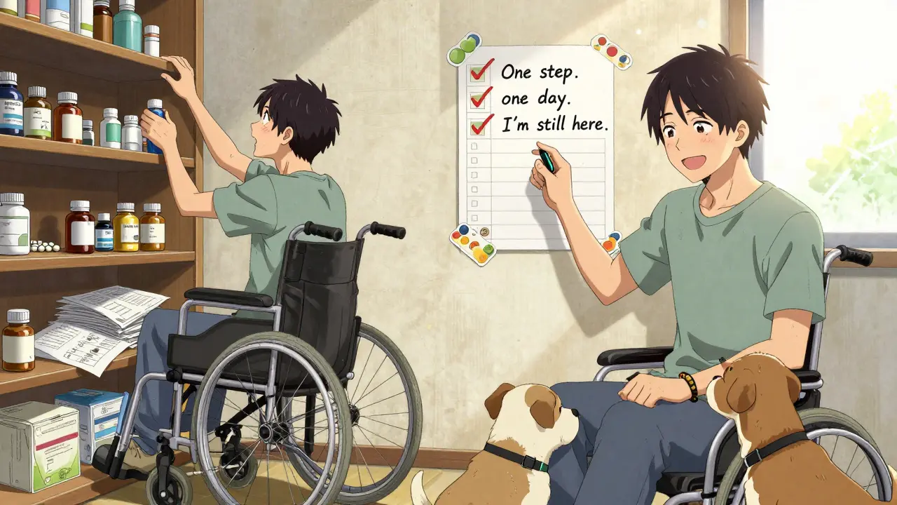 Before and after scene: man in wheelchair struggling with meds, then smiling with progress chart and dog.