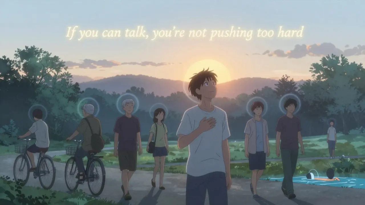 Diverse group exercising peacefully at dawn, each surrounded by soft energy halos, quiet determination in their movements.